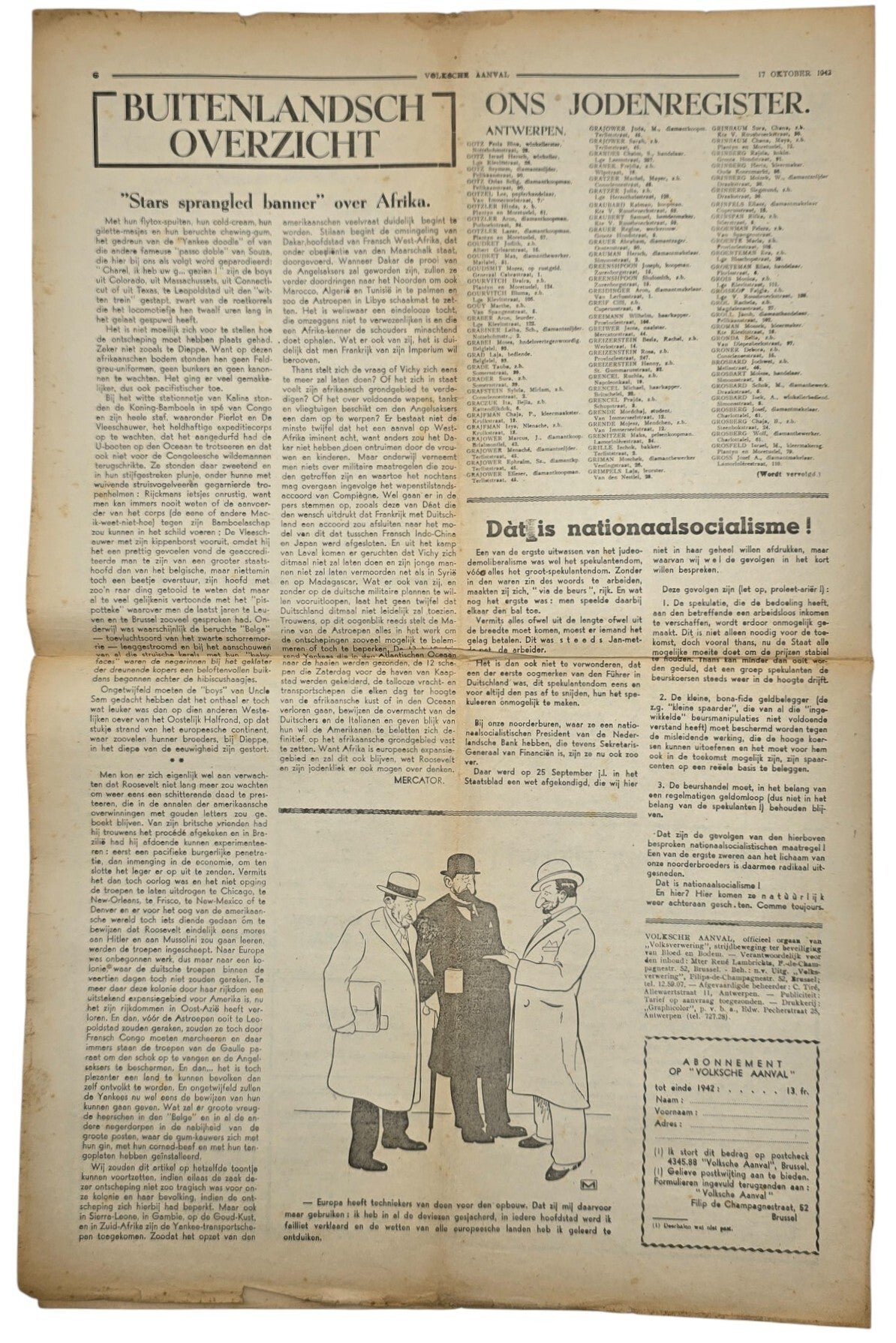 Original WW2 Flemish Collaboration Antisemitic Newspaper - Volksche Aanval 6th year No. 42, Volksverwering (1942) — image 4