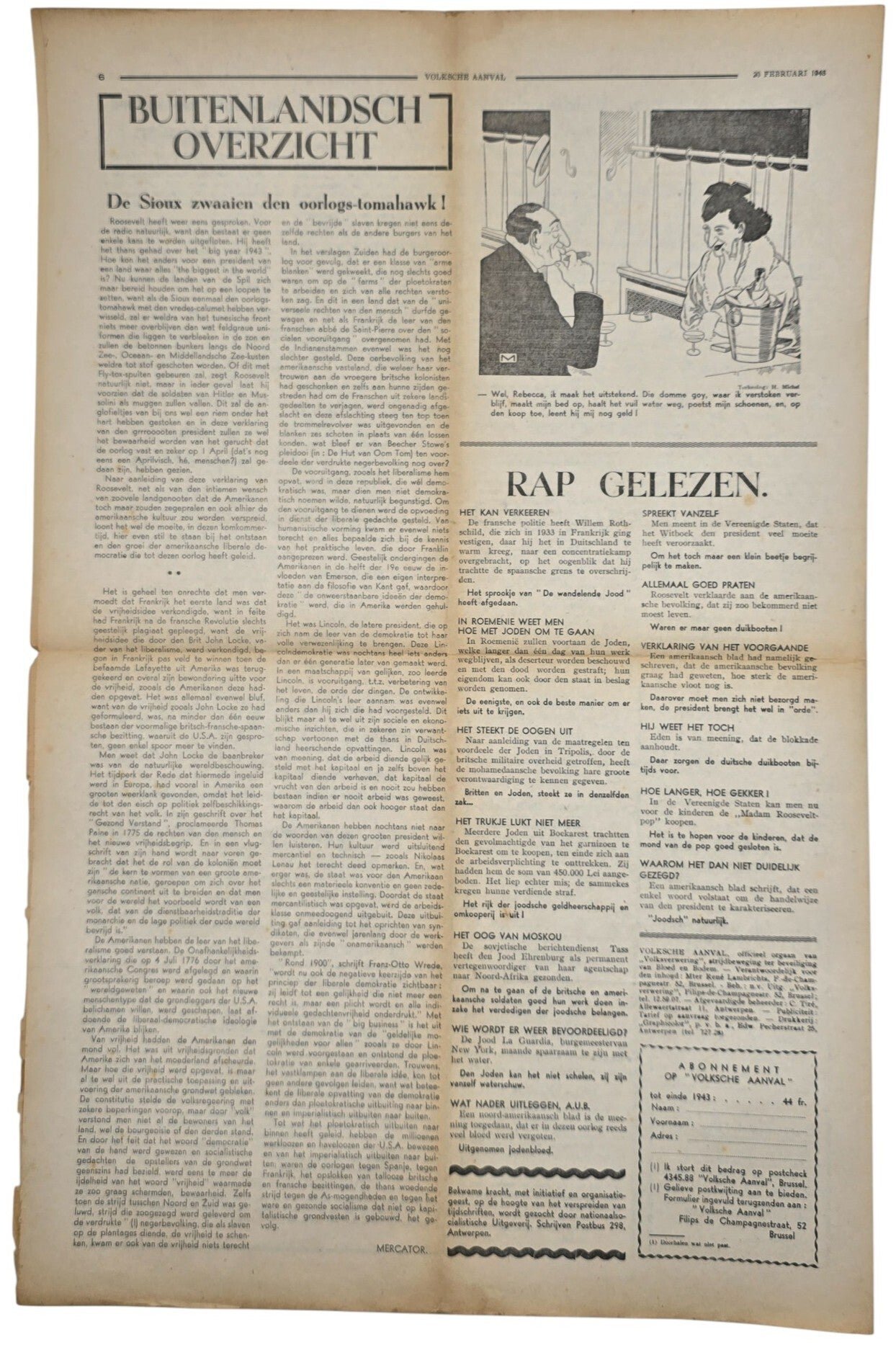 Original WW2 Flemish Collaboration Antisemitic Newspaper - Volksche Aanval 7th year No. 8, Volksverwering (1943) — image 2