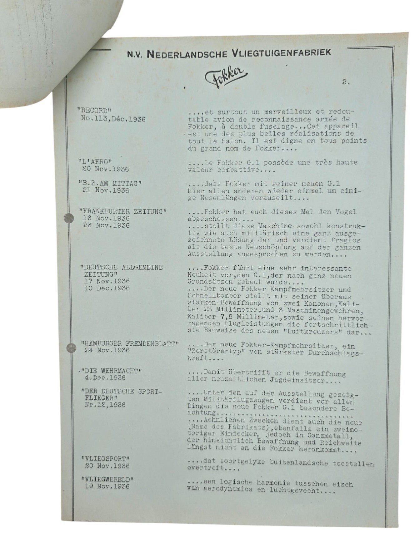 Original WW2 Dutch Document - N. V. Nederlandsche Vliegtuigenfabriek Fokker news about the G1 (1937) — image 2