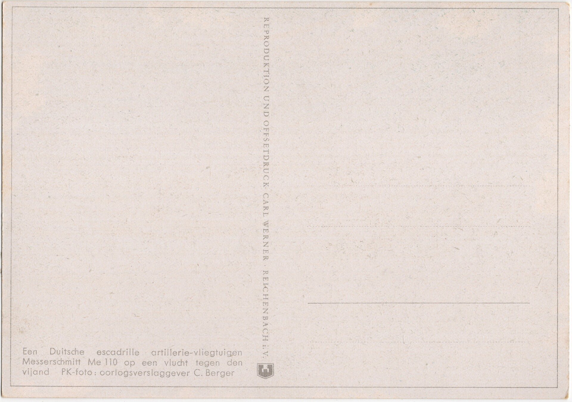 Original WW2 German Postcard - Duitsche escadrille artillerie-vliegtuigen Me 110, C. Berger — image 2