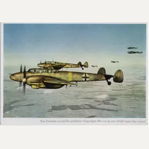 Original WW2 German Postcard - Duitsche escadrille artillerie-vliegtuigen Me 110, …