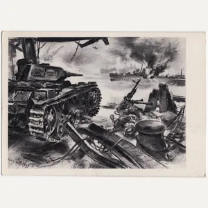 Original WW2 Belgian Collaboration Postcard - ''Duitsche tank beschiet Engelsche …