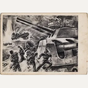 Original WW2 German Postcard - ''Deutscher Fliegerangriff auf engl. Truppentransport''