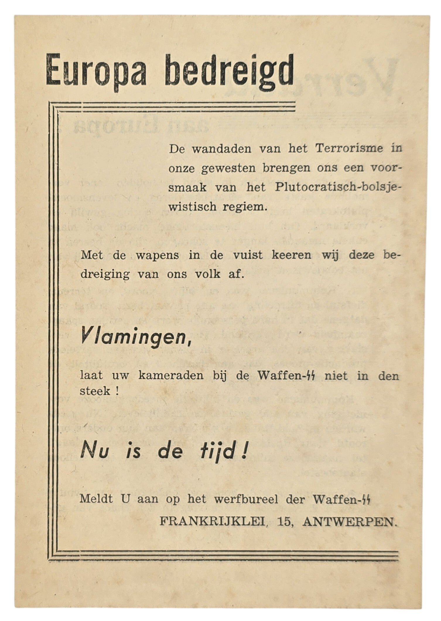 Original WW2 Flemish Waffen SS Document - Veraad aan Europa!, Werfbureel der Waffen SS, Antwerpen — image 2