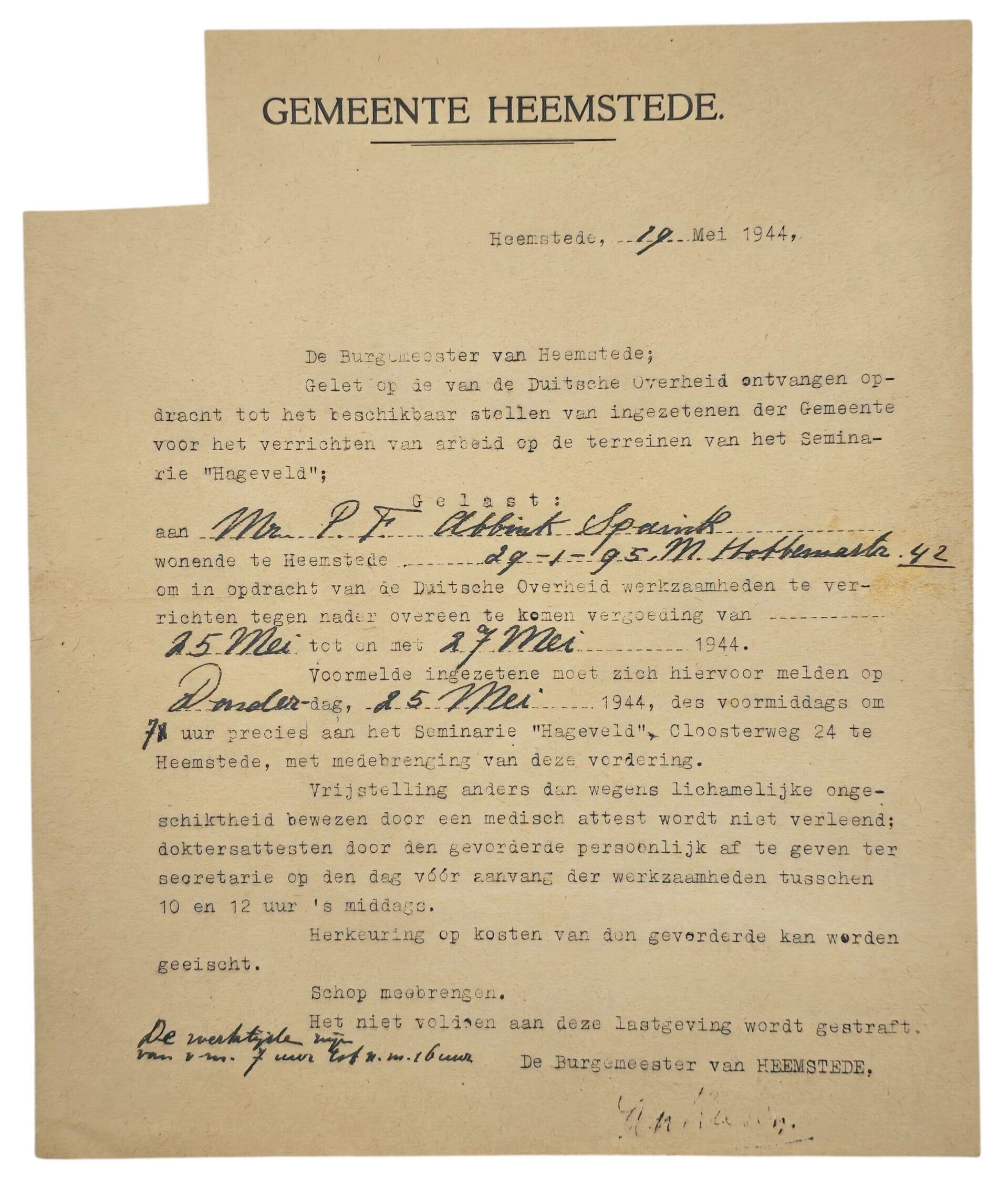 Original WW2 Dutch Document - Order to work in Schoorldam, Heemstede, Haarlem (1944) — image 2