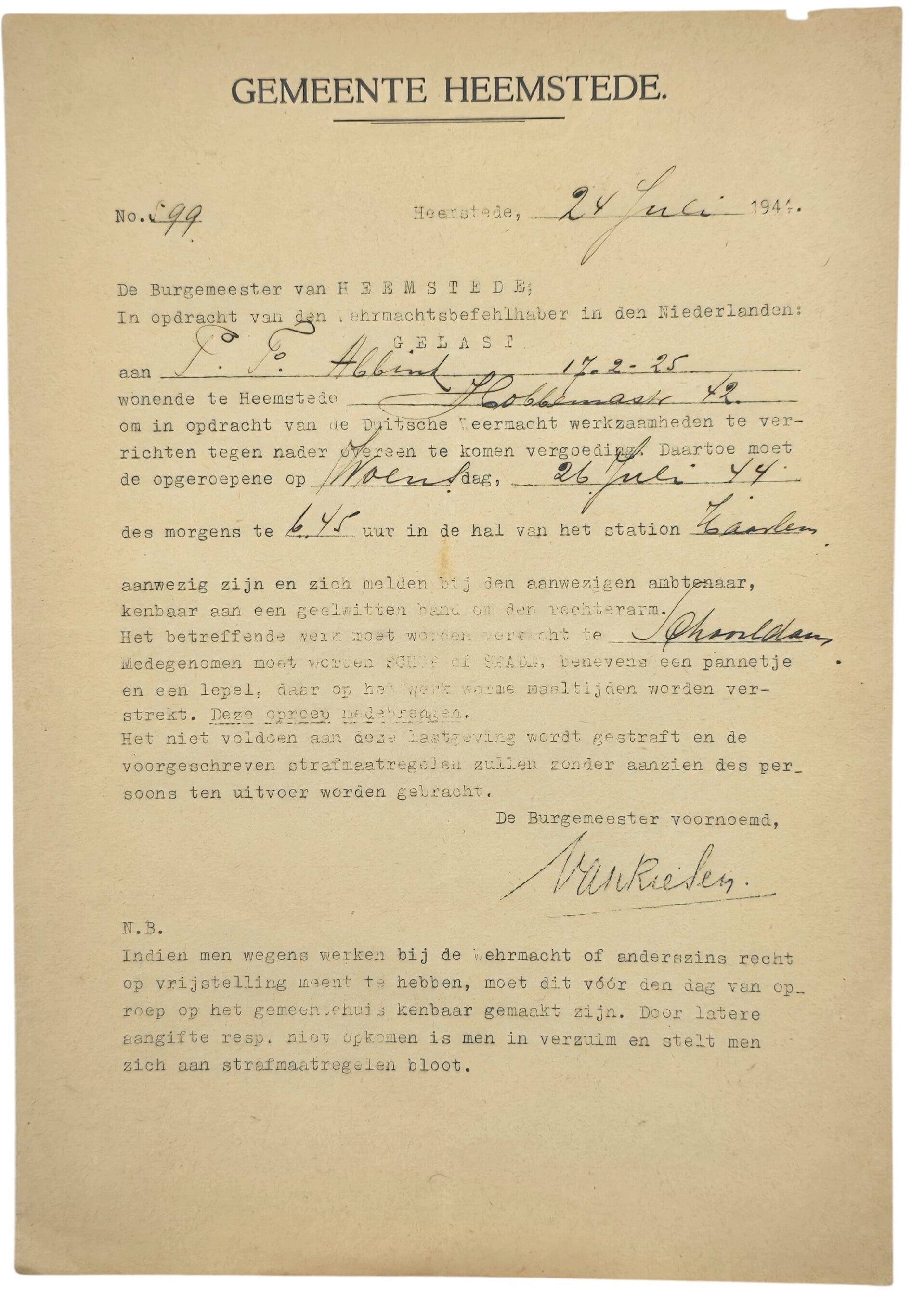 Original WW2 Dutch Document - Order to work in Schoorldam, Heemstede, Haarlem (1944) — image 4