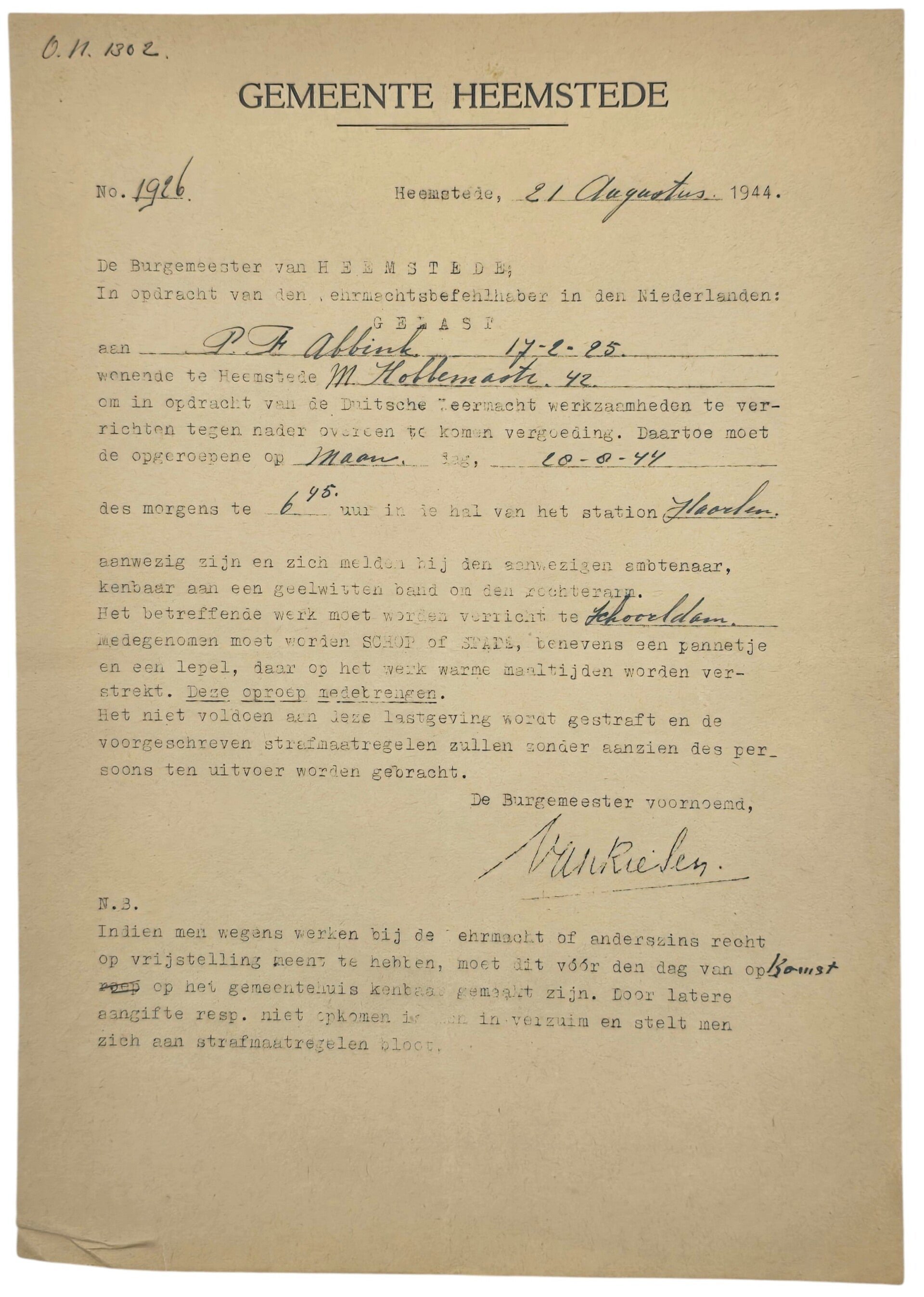 Original WW2 Dutch Document - Order to work in Schoorldam, Heemstede, Haarlem (1944) — image 5