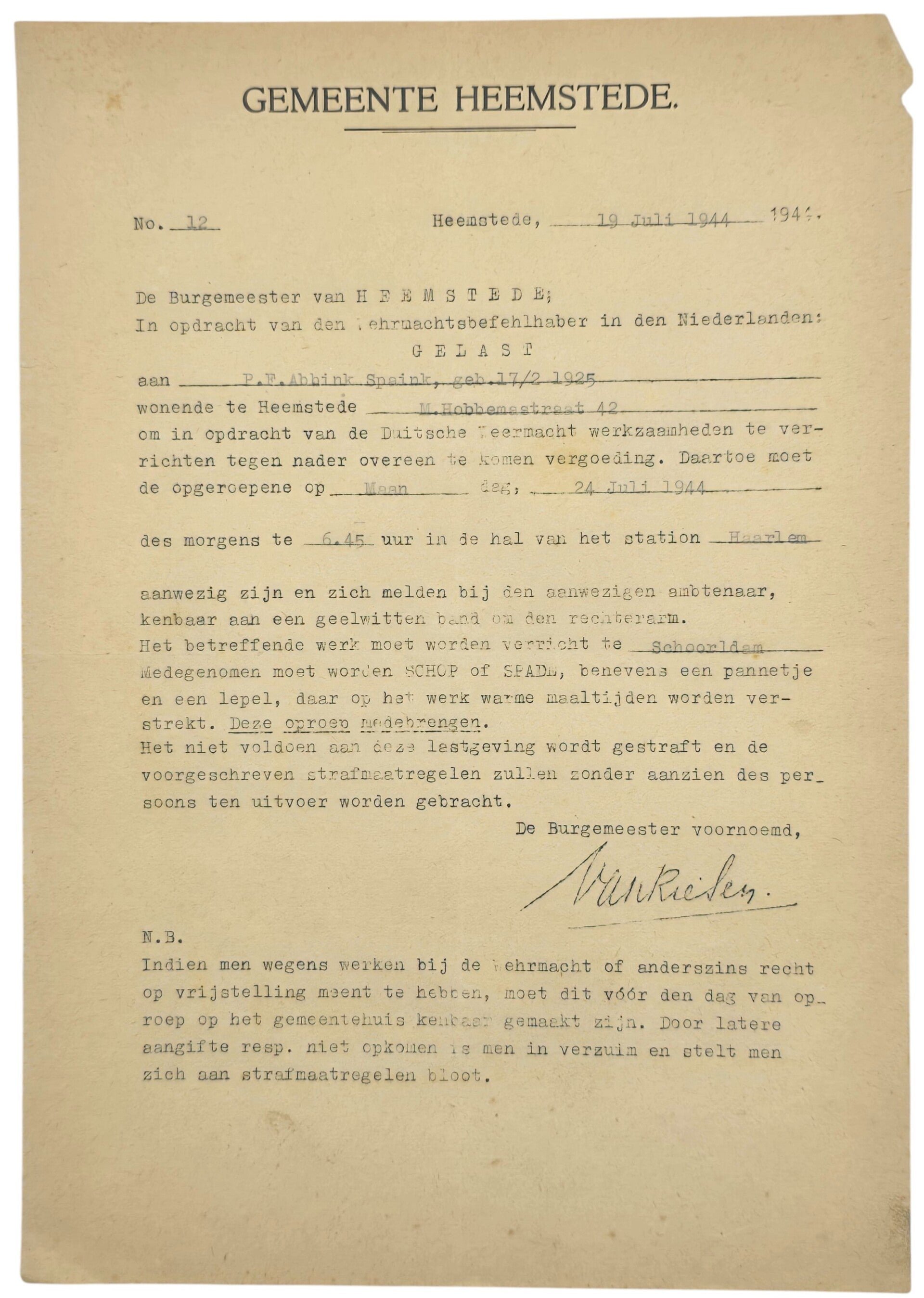Original WW2 Dutch Document - Order to work in Schoorldam, Heemstede, Haarlem (1944) — image 6