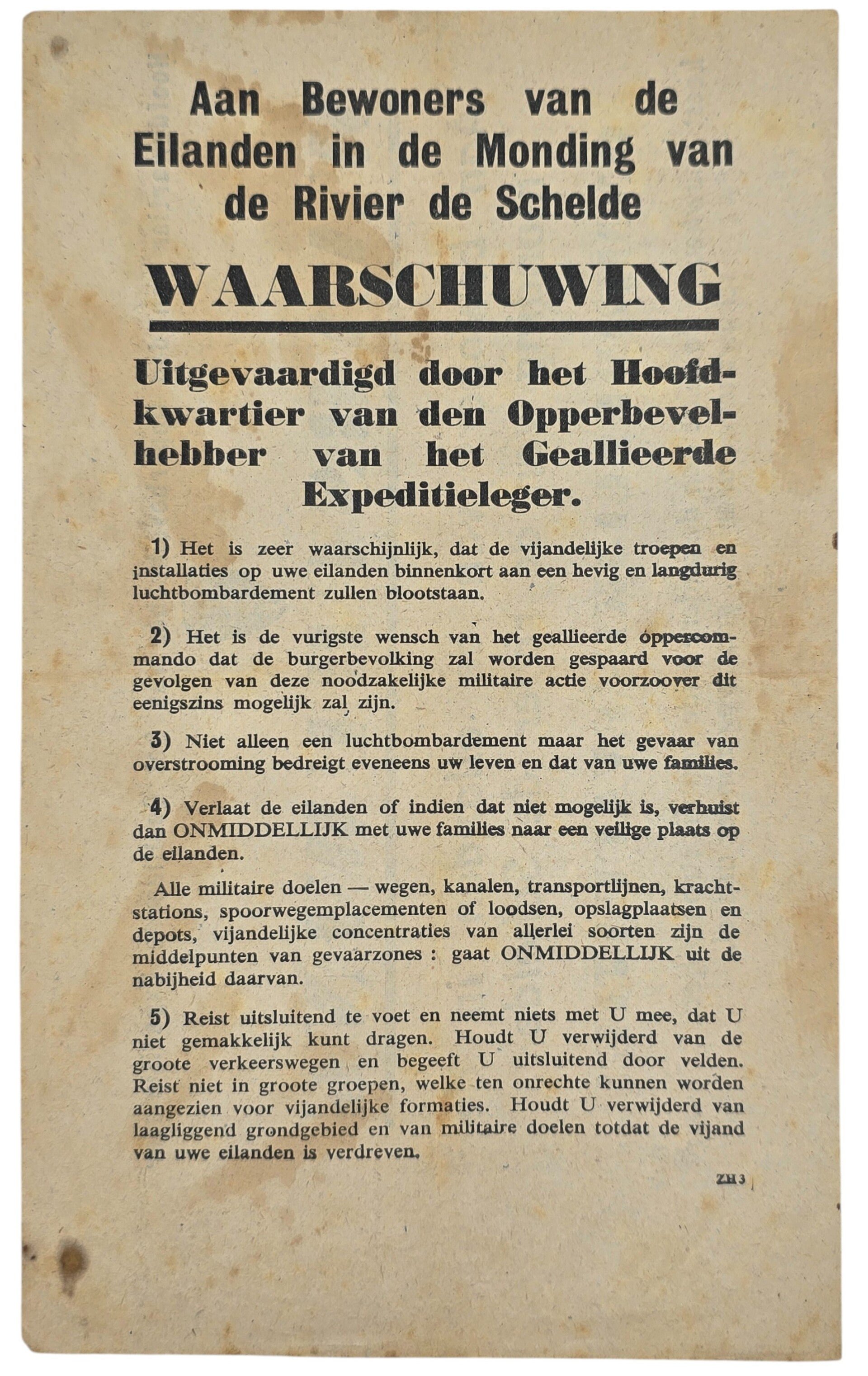 Original WW2 Allied Leaflet - ZH 3 ''Waarschuwing aan de bewoners van de eilanden in de monding van de rivier de Schelde'' (1944) — image 2