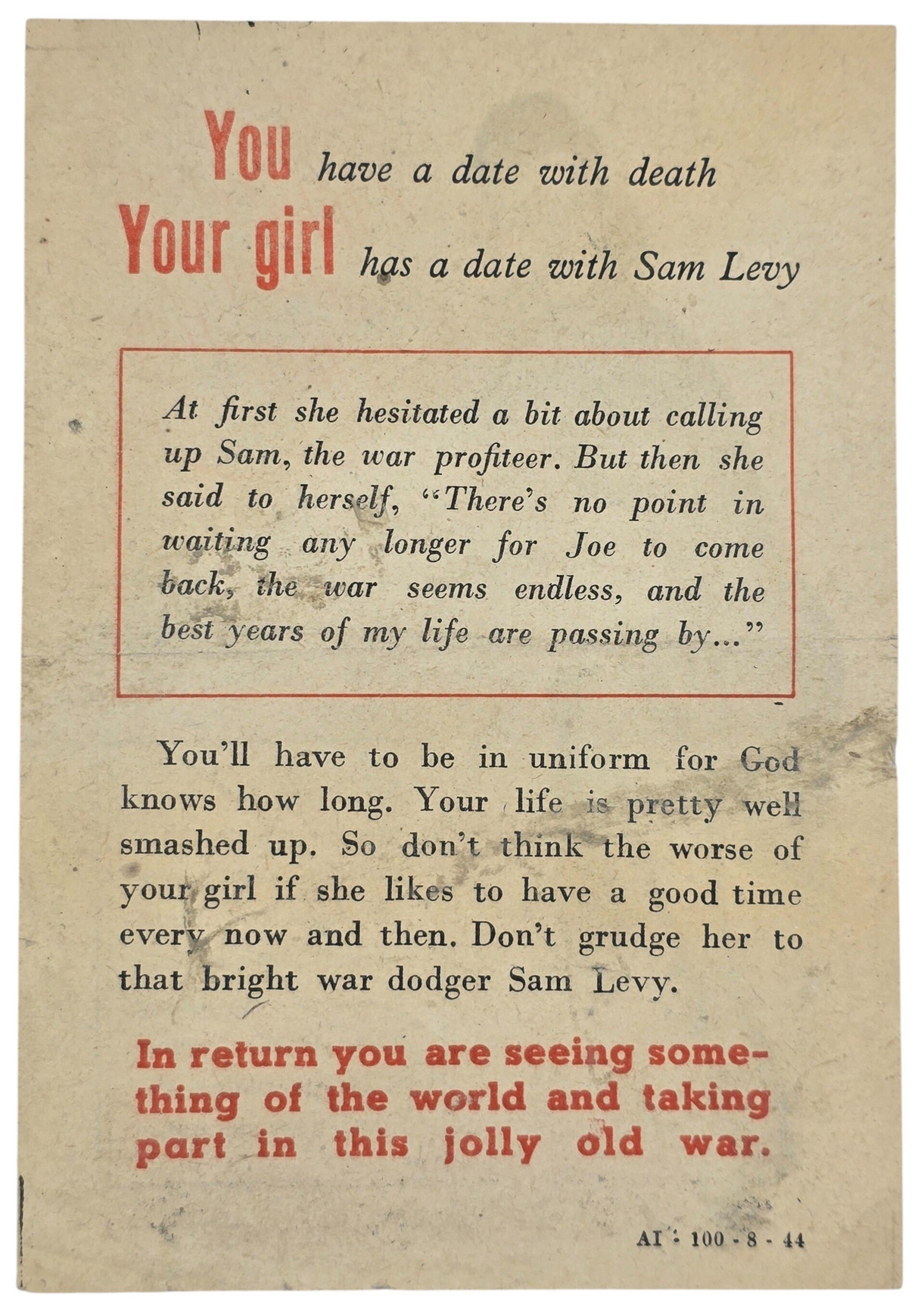 Original WW2 German Leaflet - AI-100-8-44 What about calling up Sam Levy... (1944) — image 2