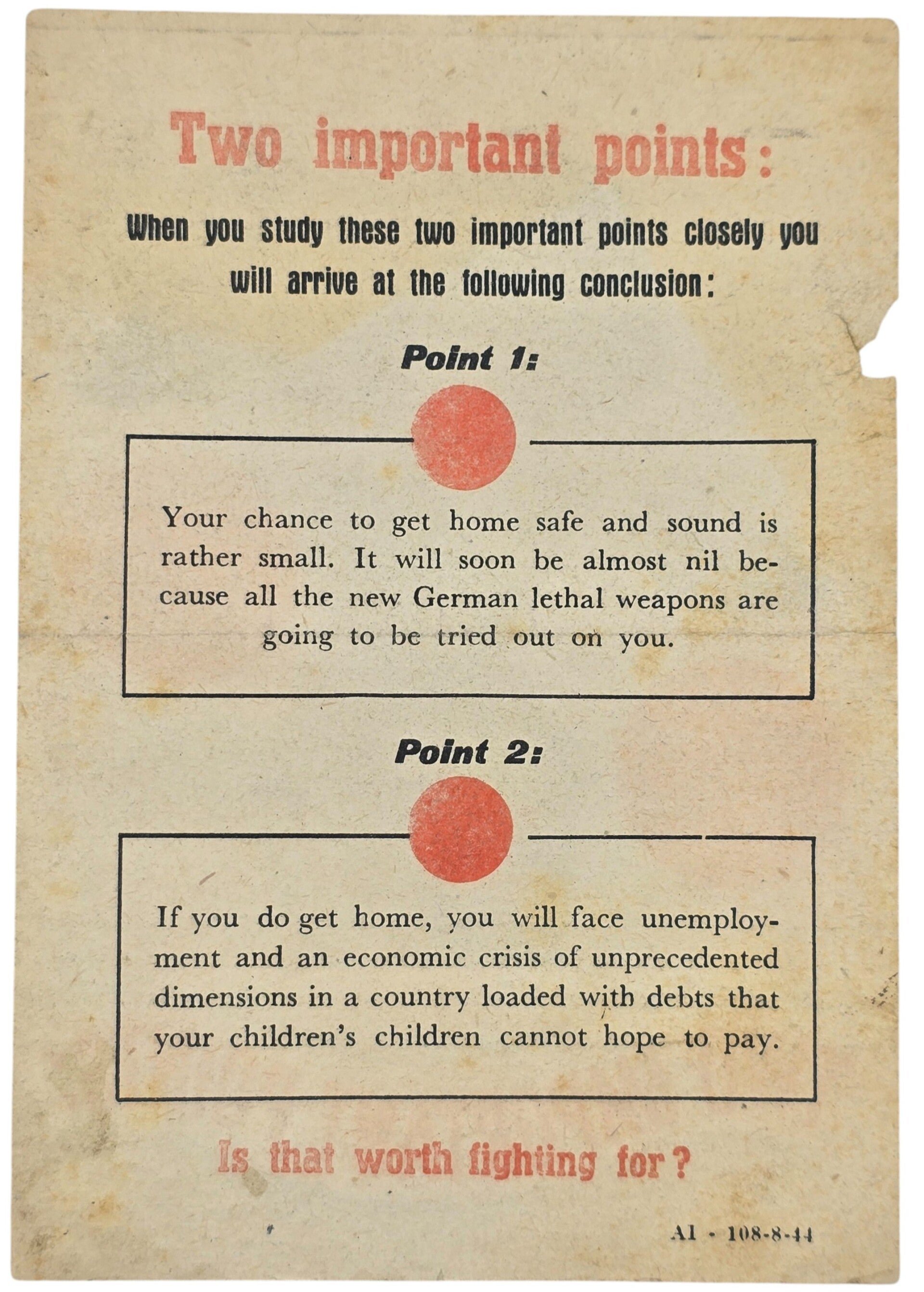 Original WW2 German Leaflet - AI-108-8-44 Two important points: (1944) — image 2