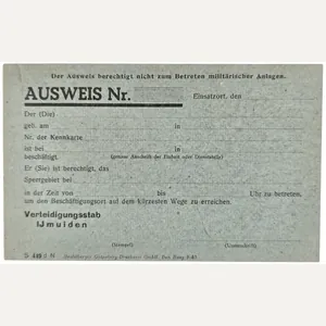 Original WW2 Dutch Document - Blank Ausweis Verteidigungsstab IJmuiden (1943)