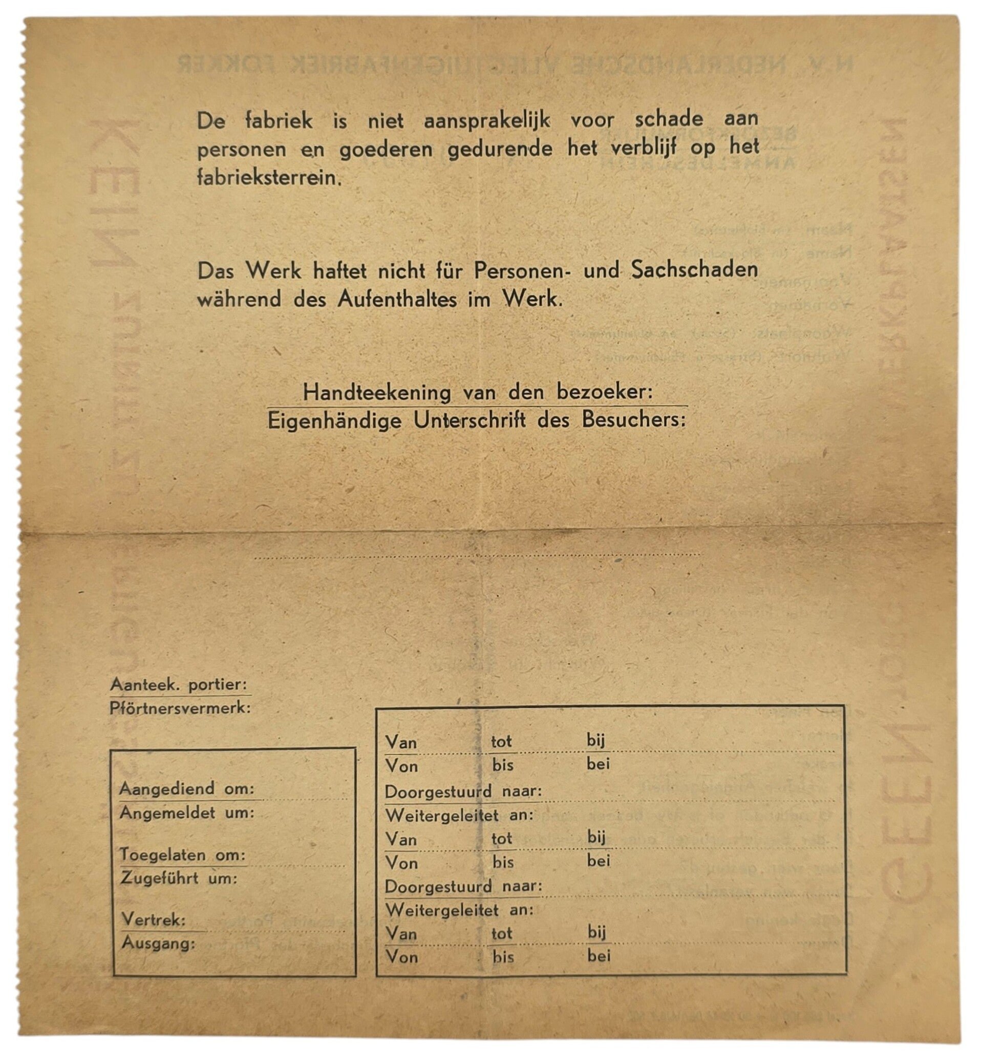 Original WW2 Dutch Document - NV Nederlandsche Vliegtuigenfabriek Fokker Anmeldeschein visit form, Amsterdam (1943) — image 2