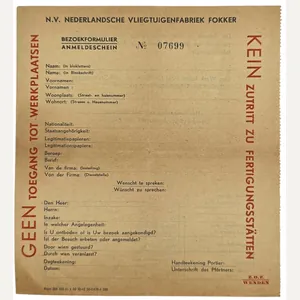 Original WW2 Dutch Document - NV Nederlandsche Vliegtuigenfabriek Fokker Anmeldeschein …