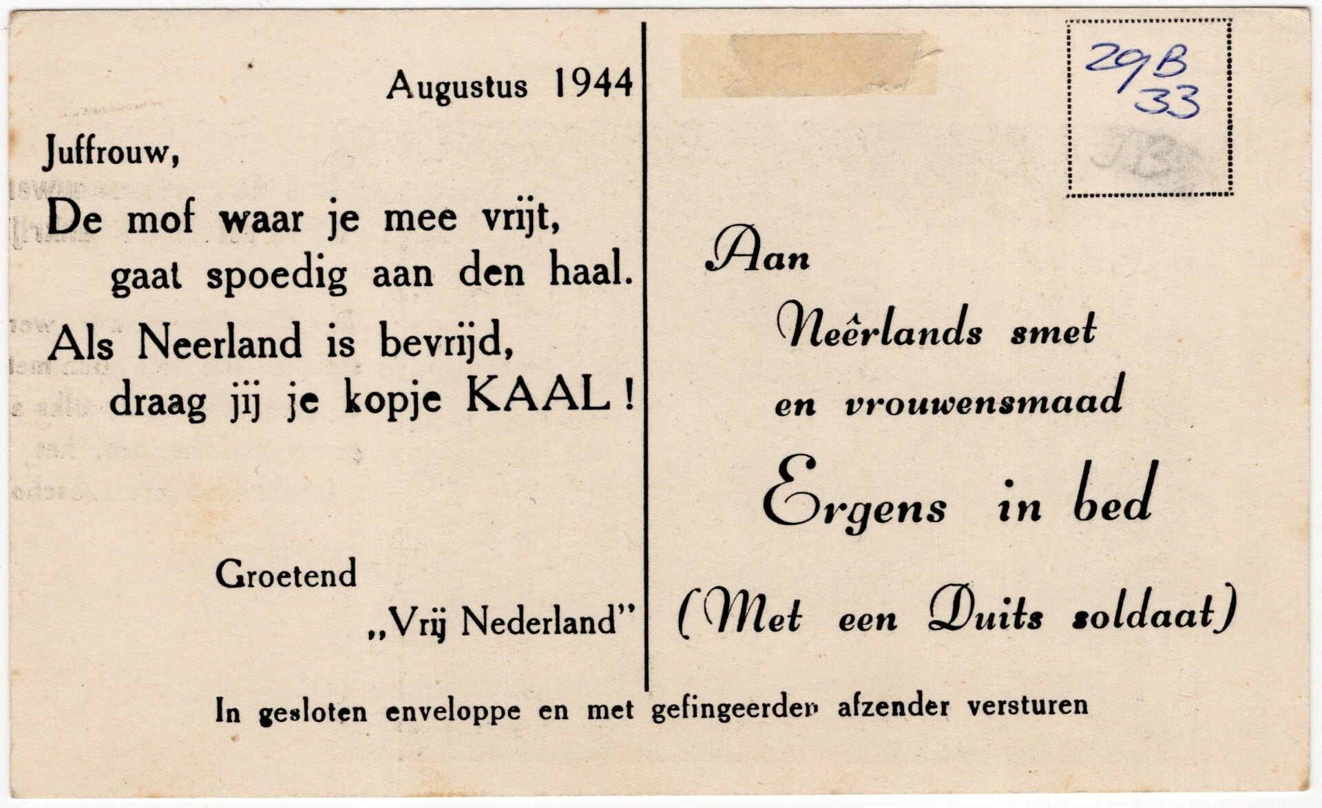 Original WW2 Dutch Resistance Postcard - Een waarschuwend beeld uit Frankrijk! Vrij Nederland (1944) — image 2