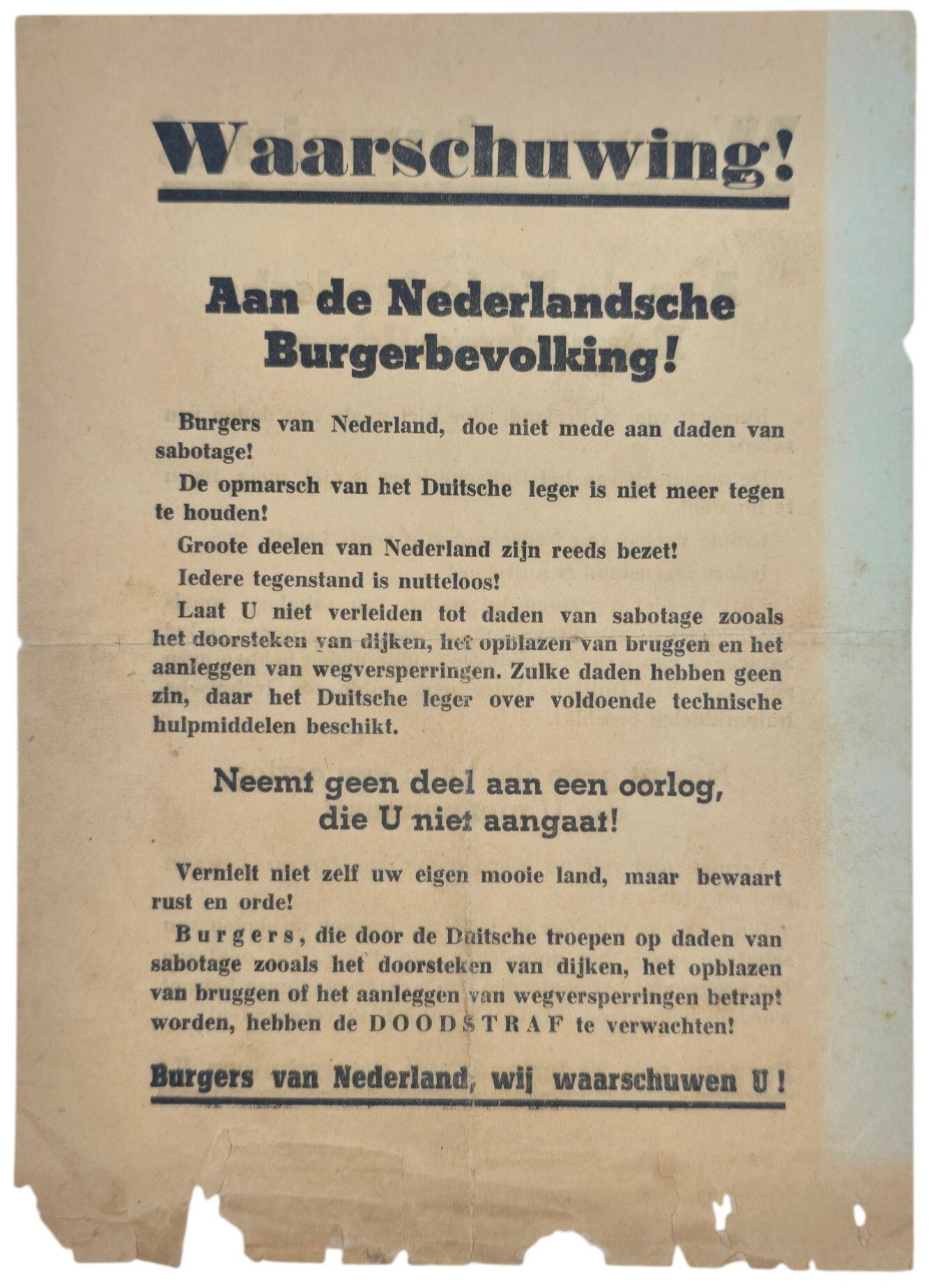 Original WW2 German Leaflet - Waarschuwing! Aan de Nederlandsche Burgerbevolking (1940) — image 2