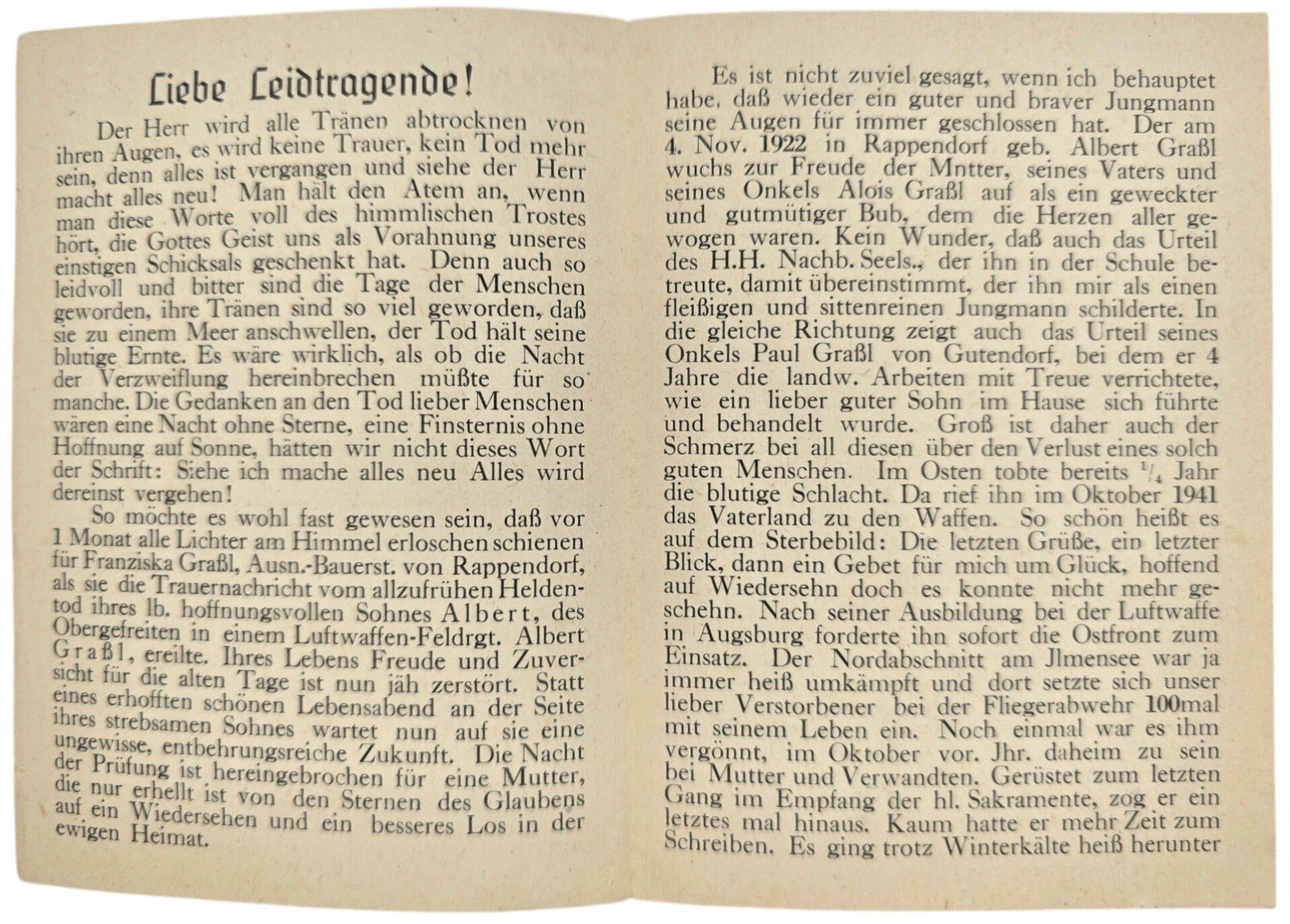 Original WW2 German Document - Death Card Ansprache Albert Grabl von Rappendorf (1944) — image 2