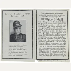 Original WW2 German Document - Death Card Matthias Bischoff, Panzer, …