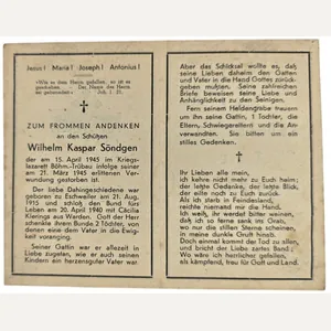 Original WW2 German Document - Death Card Wilhelm Kaspar Söndgen, …