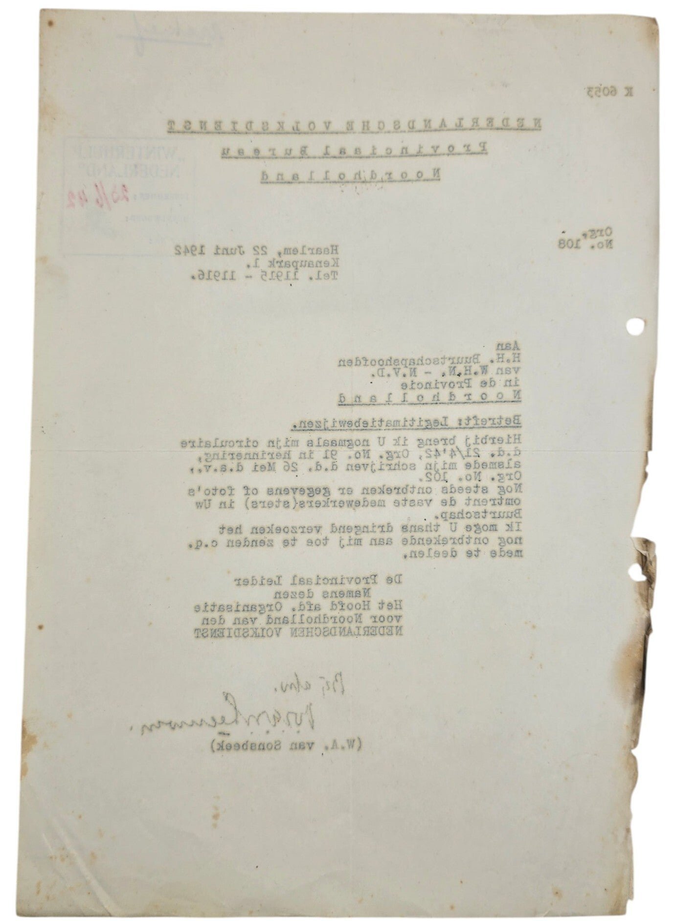 Original WW2 Dutch Collaboration WHN Document - Winterhulp Nederland circular ID-cards, Haarlem (1942) — image 2