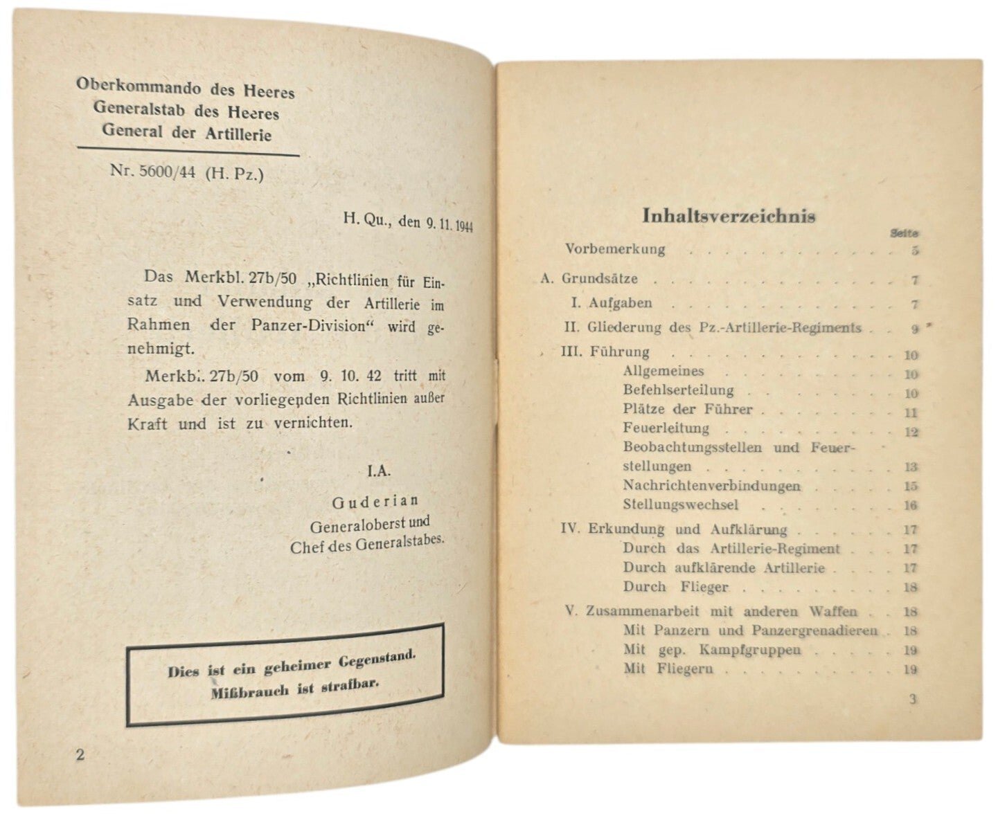 Original WW2 German Brochure - 27b/50 Merkblätter für Artillerie Nr. 25, Richtlinien für Einsatz und Verwendung der Artillerie im Rahmen der Panzer-Division (1944) — image 2