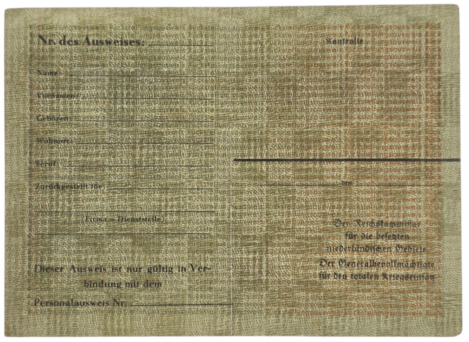 Original WW2 Dutch Document - Unused Rückstellungsausweis (1944) — image 2