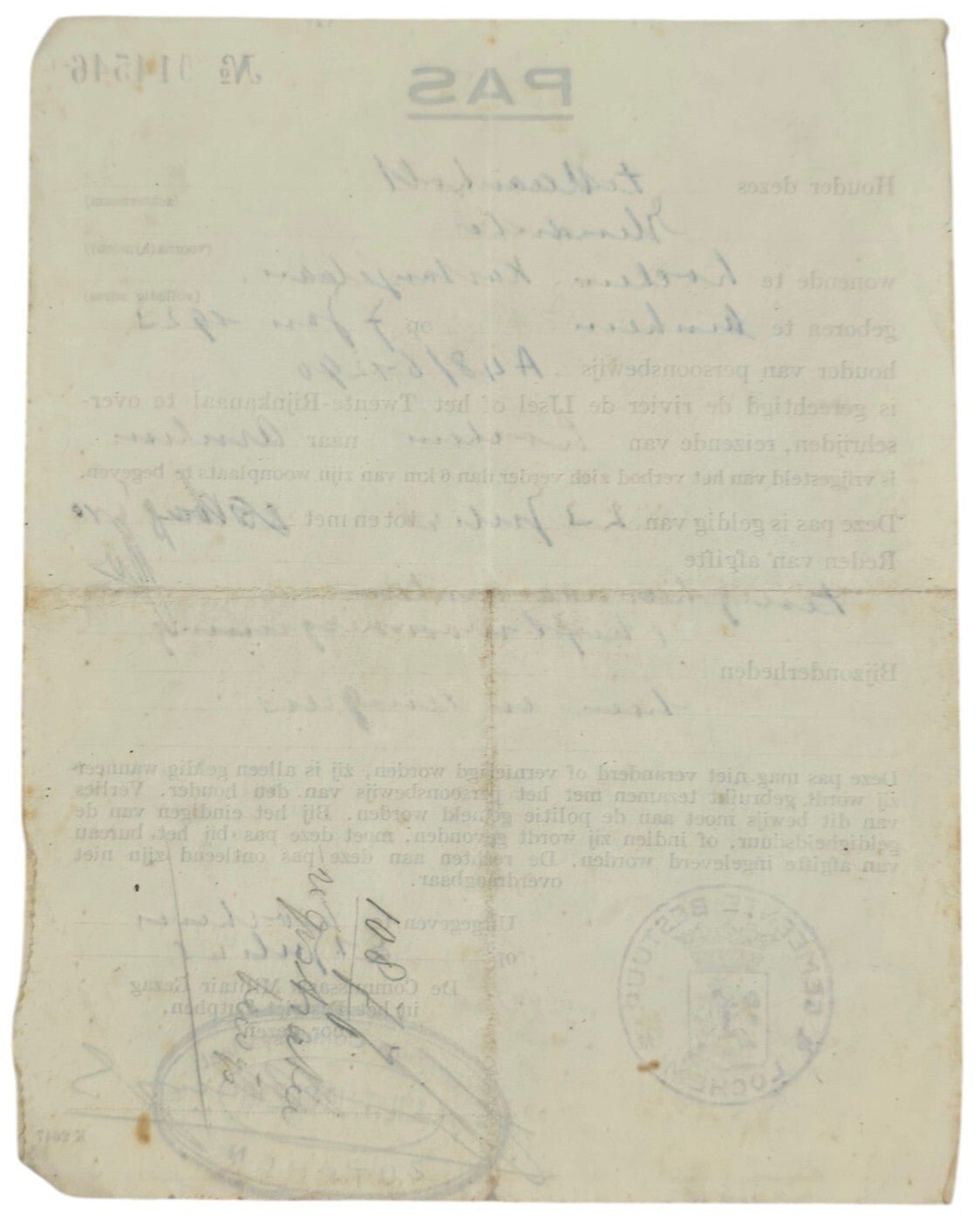 Original WW2 Dutch Document - Travel permit MG Militair Gezag Lochem Arnhem (1945) — image 2
