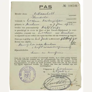 Original WW2 Dutch Document - Travel permit MG Militair Gezag …