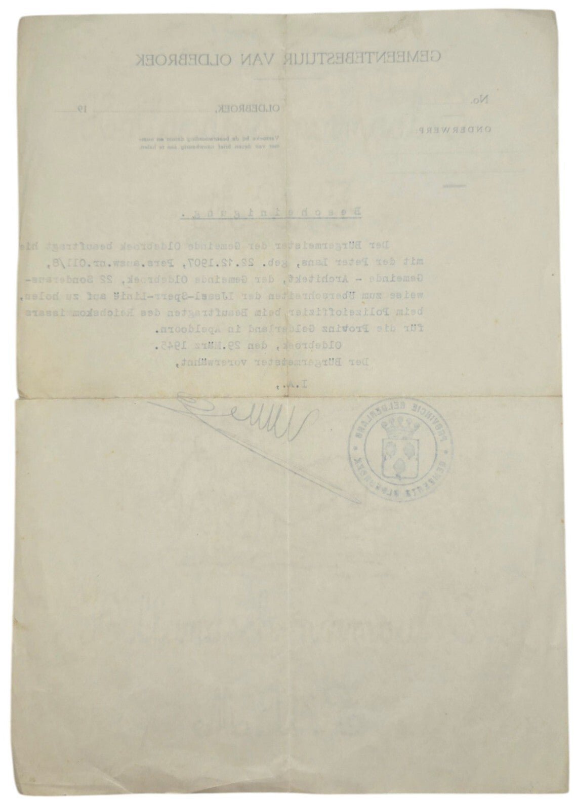 Original WW2 Dutch Document - Bescheinigung Oldebroek IJssel-Sperr Linie (1945) — image 2