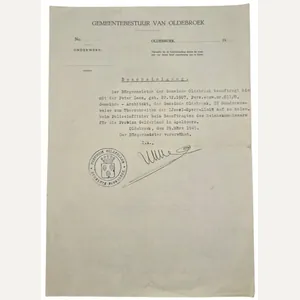 Original WW2 Dutch Document - Bescheinigung Oldebroek IJssel-Sperr Linie (1945)