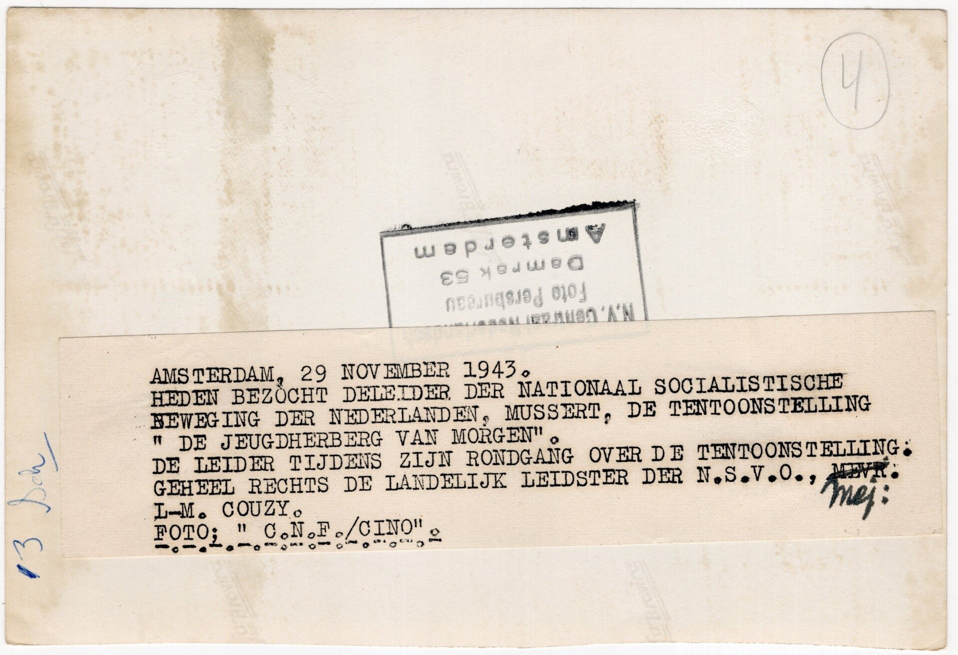 Original WW2 Dutch Collaboration NSB Press Photo - Anton Mussert visits the exhibition Jeugdherberg van Morgen, with NSVO leader Couzy (1943) — image 2