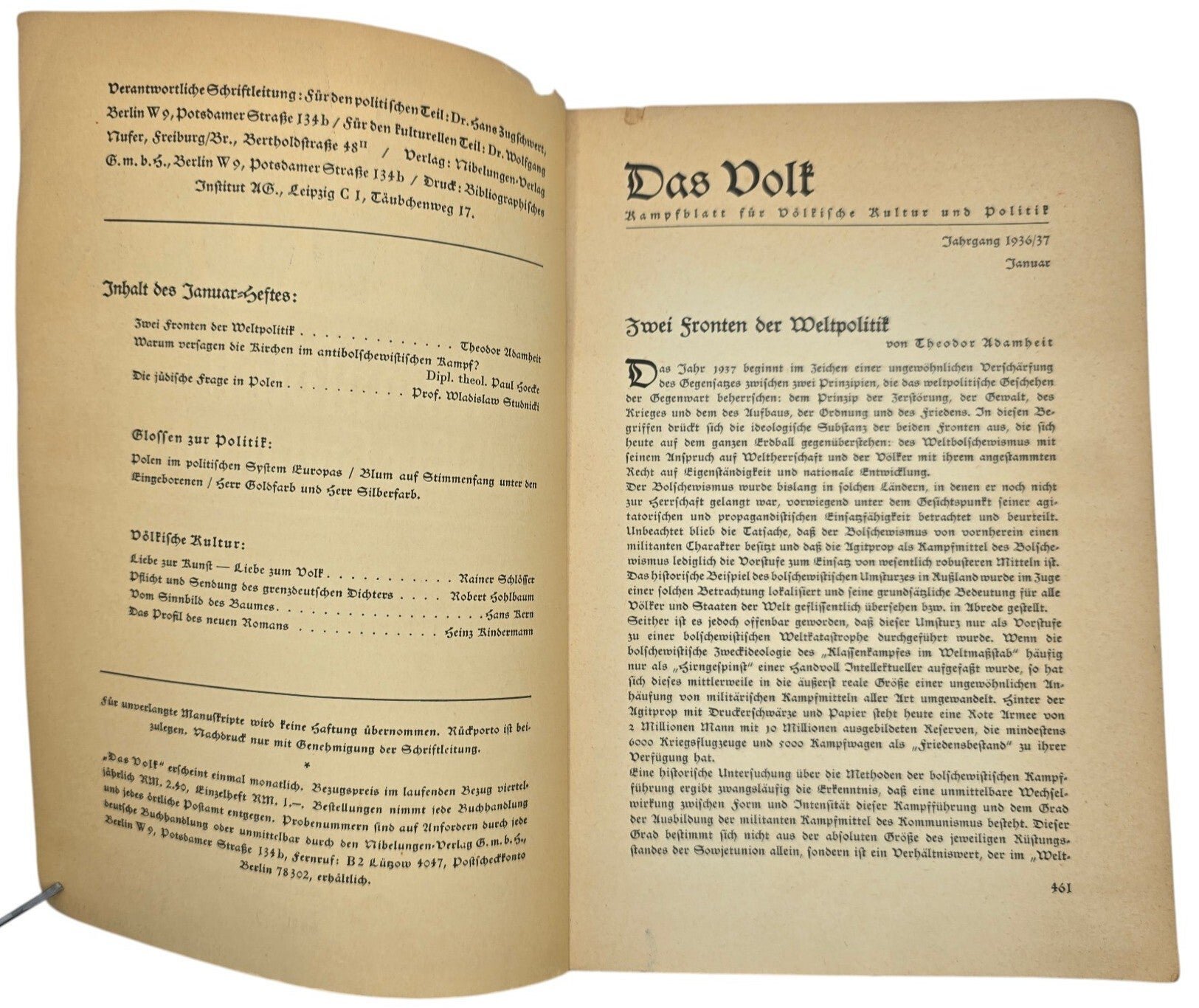 Original WW2 German Magazine - Das Volk Kampfblatt für Völkische Kultur und Politik Januar (1936) — image 2