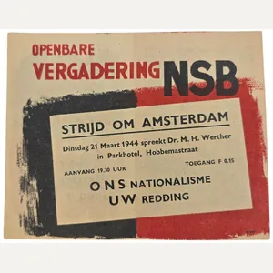 Original WW2 Dutch NSB Collaboration Flyer - Public meeting ''Strijd …