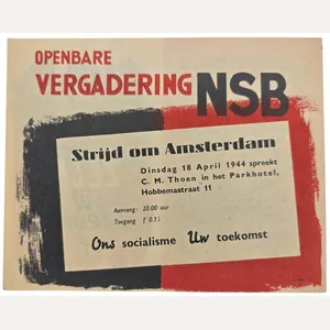 Original WW2 Dutch NSB Collaboration Flyer - Public meeting ''Strijd …