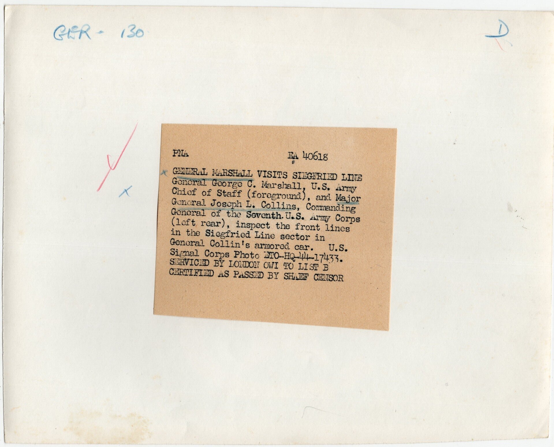 Original WW2 US Press Photo - General Marshall with Major General Joseph Collins, 7th US Army, Siegfried Line (1944) — image 2