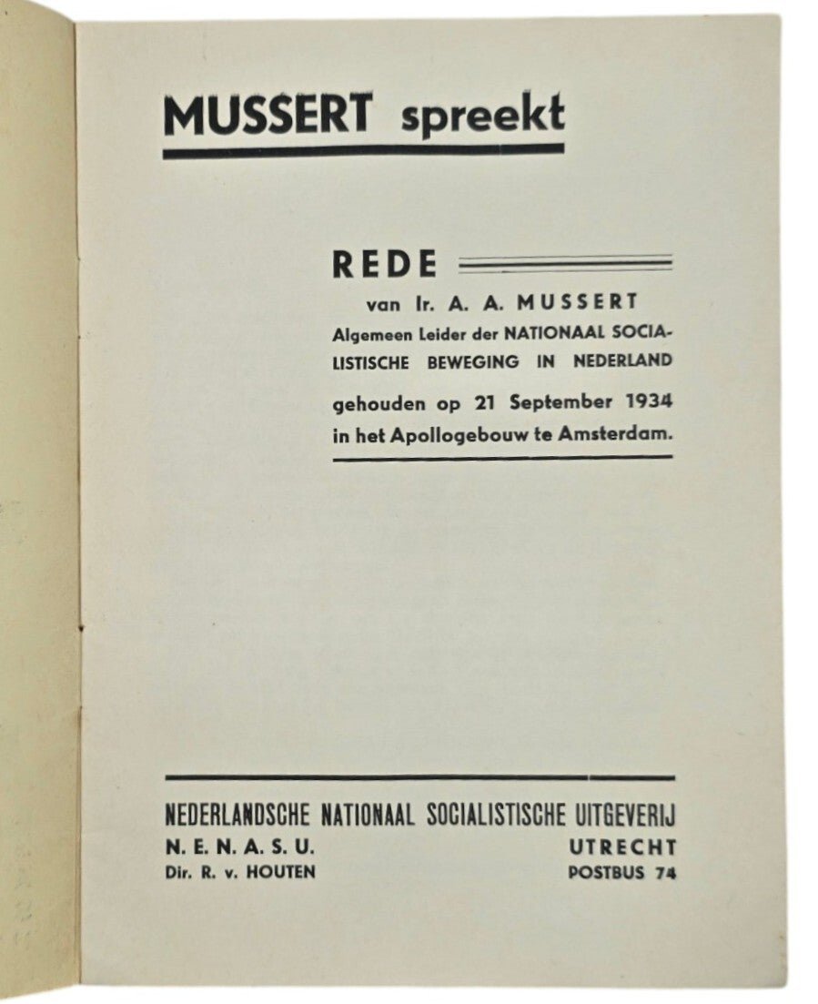 Original WW2 Dutch Collaboration NSB Brochure - Mussert spreekt, rede te Amsterdam op 21 september (1934) — image 2