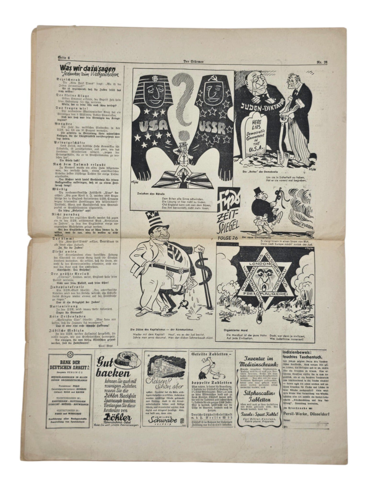 Original German Antisemitic Newspaper - Der Stürmer, Julius Streicher, 22th year No. 26 (1944) — image 4