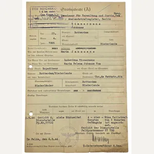 Original WW2 Dutch Waffen SS Document - Strafnachricht Rotterdam, Dutch …