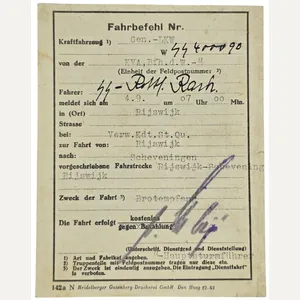 Original WW2 German Waffen SS Document - Fahrbefehl Küstenverteidigungsabschnitt (KVA) …