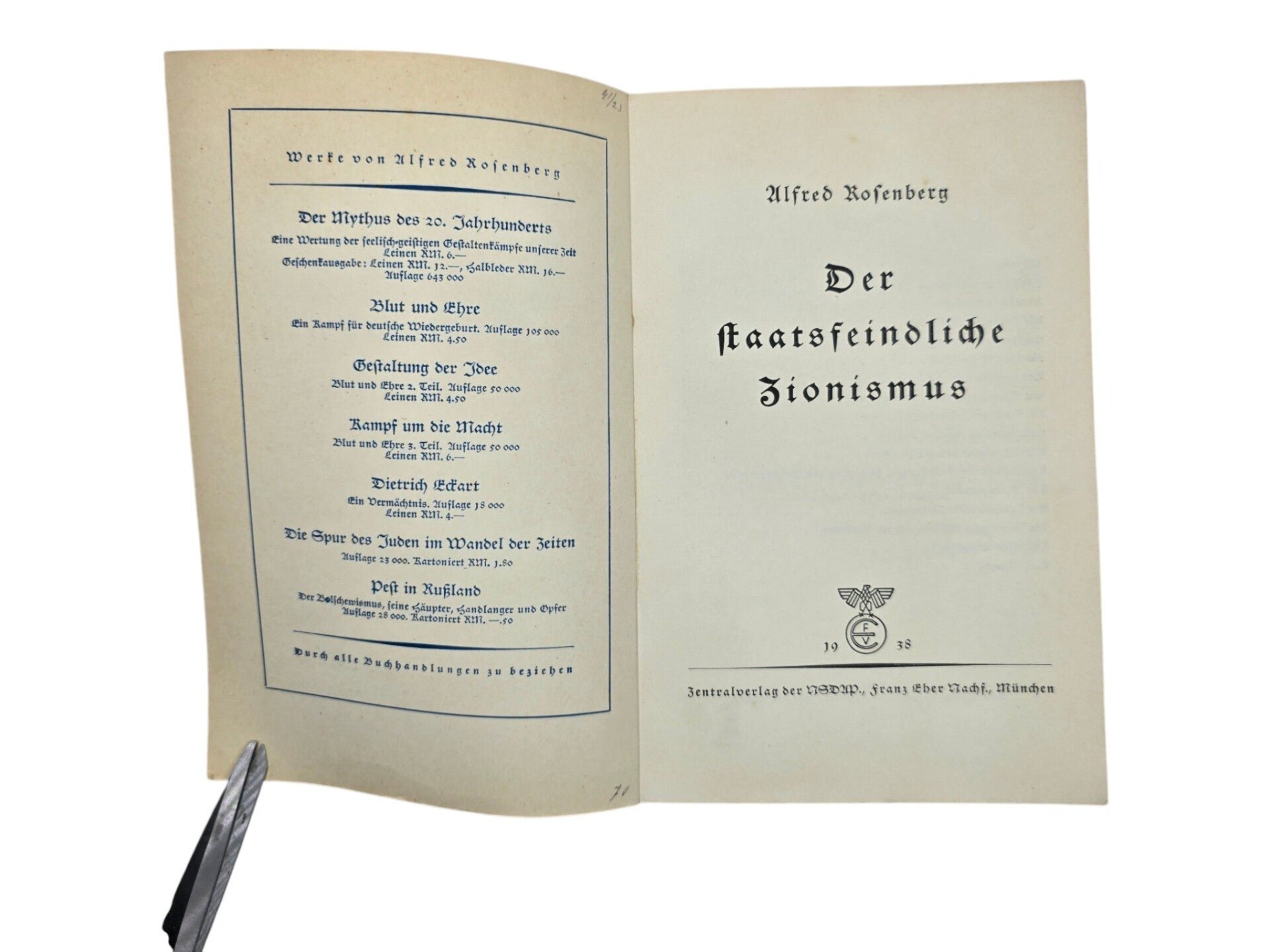 Original WW2 German Antisemitic Brochure - Der Staatsfeindliche Zionismus, Alfred Rosenberg (1938) — image 2