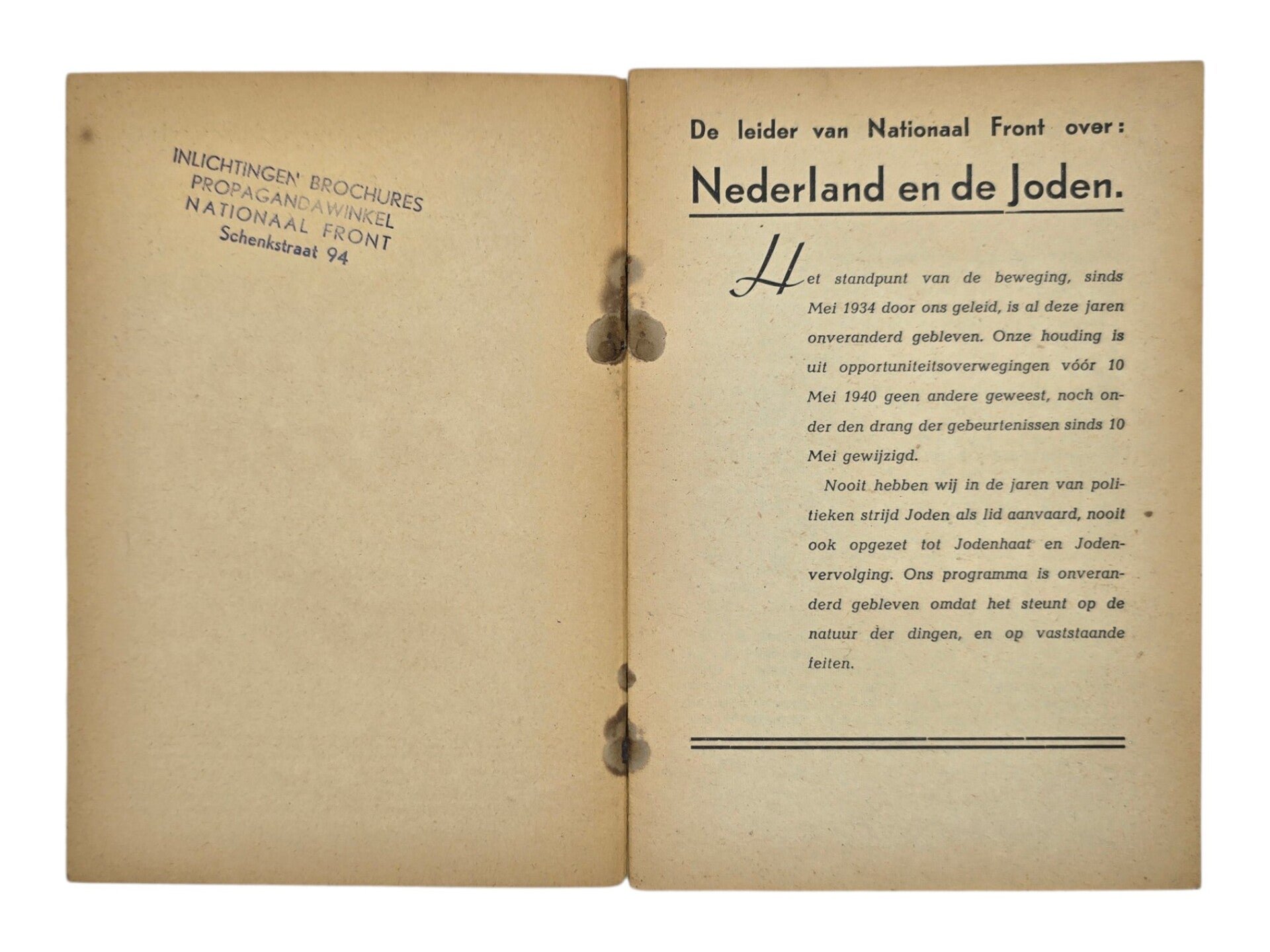 Original WW2 Dutch Antisemitic Collaboration Brochure - Nederland en de Joden, Arnold Meijer, Nationaal Front (1941) — image 2