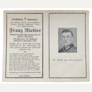 Original WW2 German death card - Franz Riedler, Festungs Infanterie …