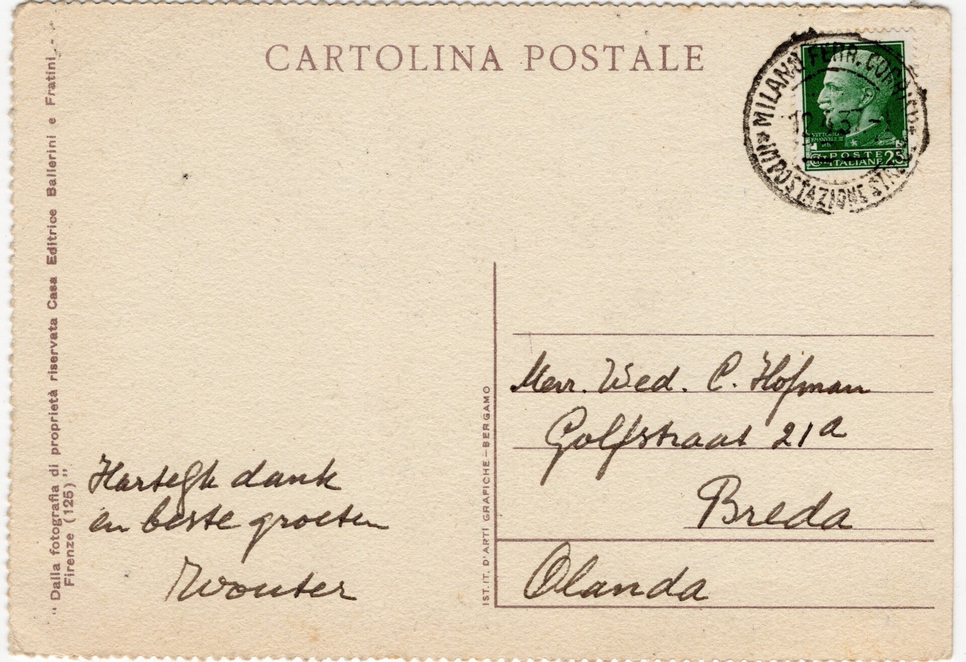 Original WW2 Italian Postcard - Benito Mussolini, sent to Breda (1937) — image 2