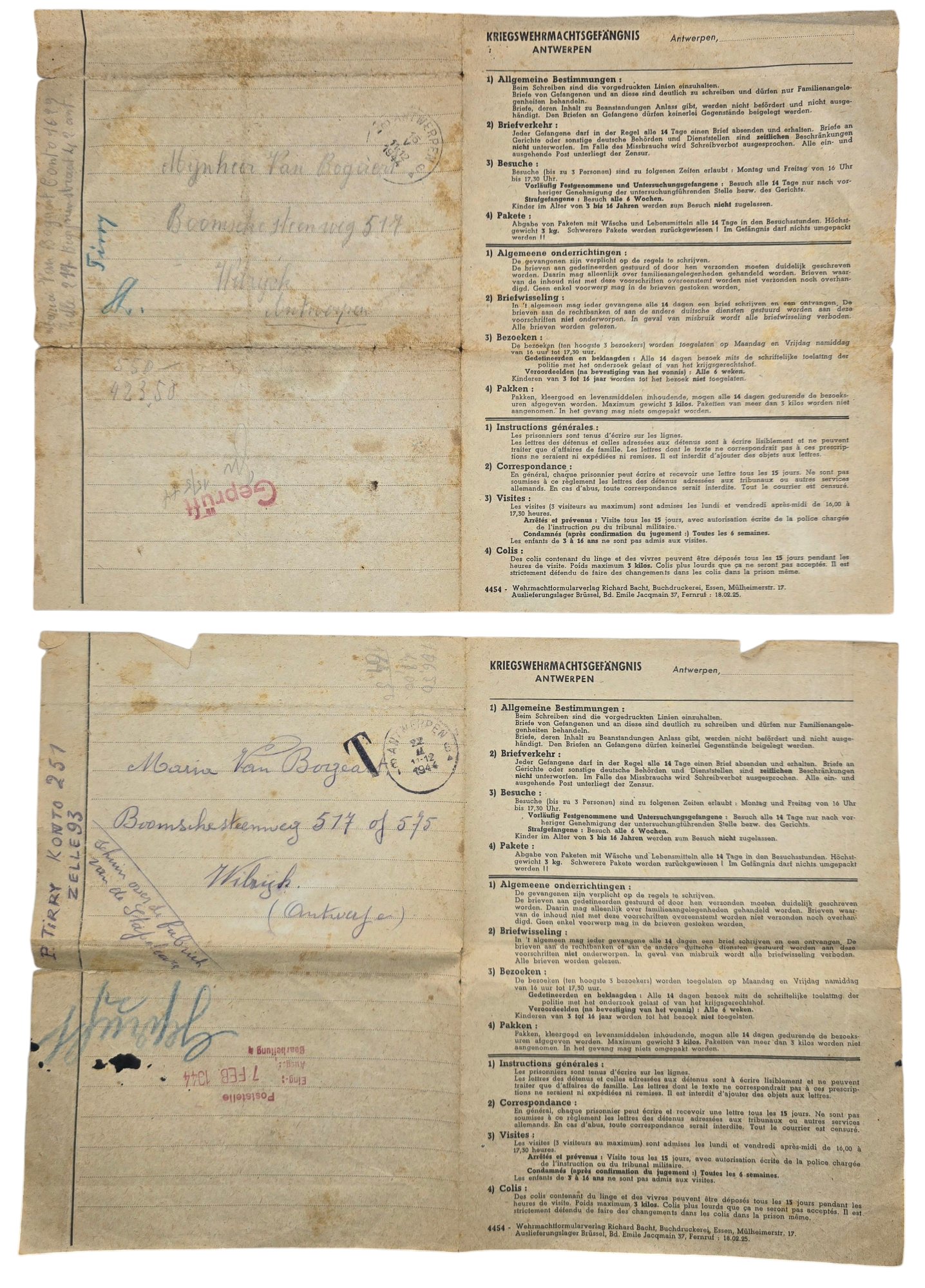 Original WW2 Flemish Document - Kriegswehrmachtsgefängnis Antwerpen letter set, Wilrijk (1944) — image 3