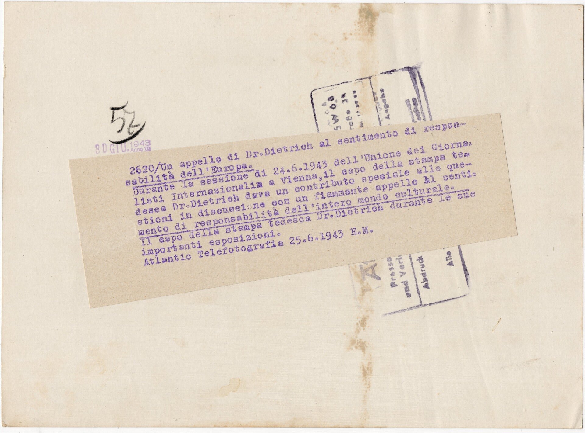 Original WW2 Italian Press Photo - Pressechef der Reichsregierung Dr. Otto Dietrich speaking in Vienna (1943) — image 2