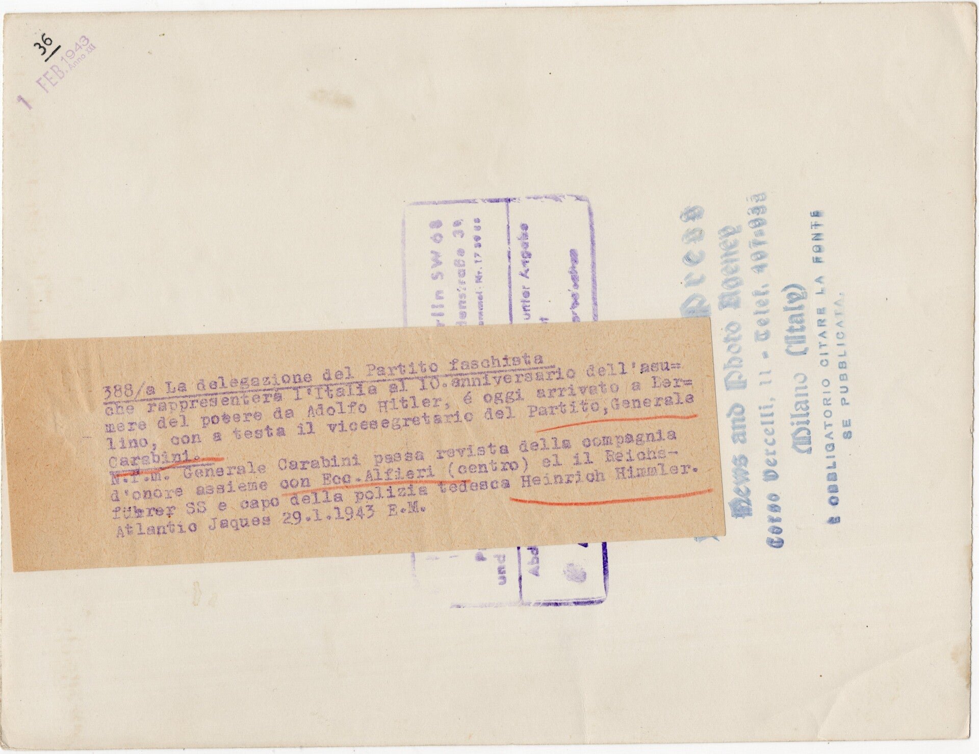 Original WW2 Italian Press Photo - Italian fascist delegation with Heinrich Himmler and Karl Wolff inspecting the SS in Berlin (1943) — image 2