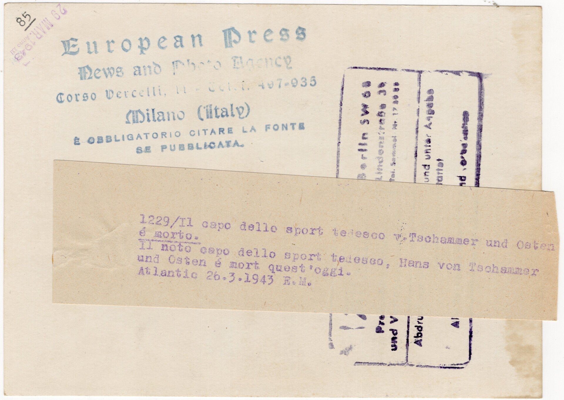 Original WW2 Italian Press Photo - Portrait Reichssportführer Hans von Tschammer und Osten (1943) — image 2