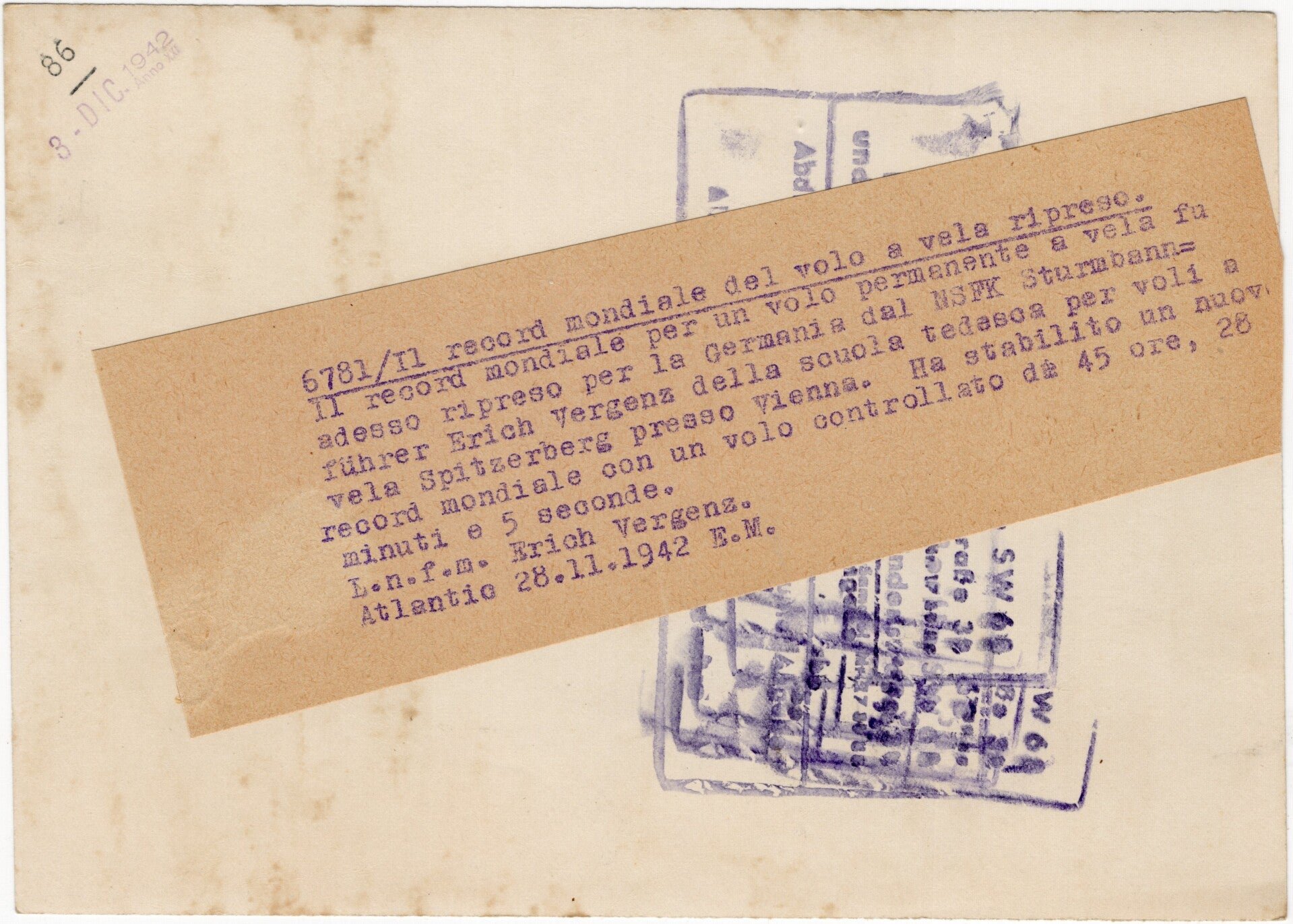 Original WW2 Italian Press Photo - NSFK portrait Erich Vergenz, Spitzerberg (1942) — image 2