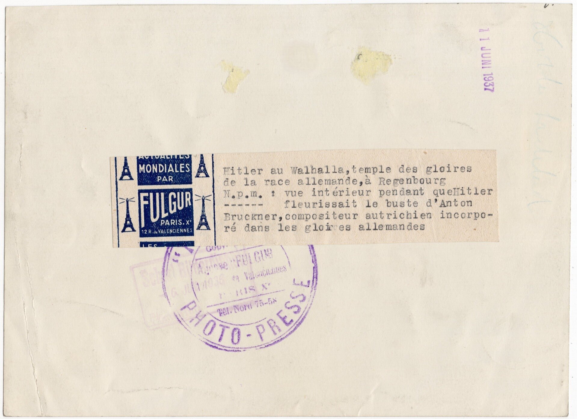 Original WW2 French Press Photo - Adolf Hitler placing a wreath Anton Bruckner Gedenkfeier, Walhalla — image 2