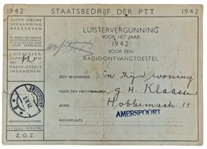 Original WW2 Dutch Document - PTT Luistervergunning Amersfoort (1942)